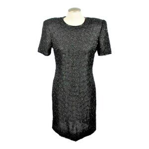 Vintage 80s Silk Sparkle Dress Black Medium Beaded Shoulder Pads Night Vogue